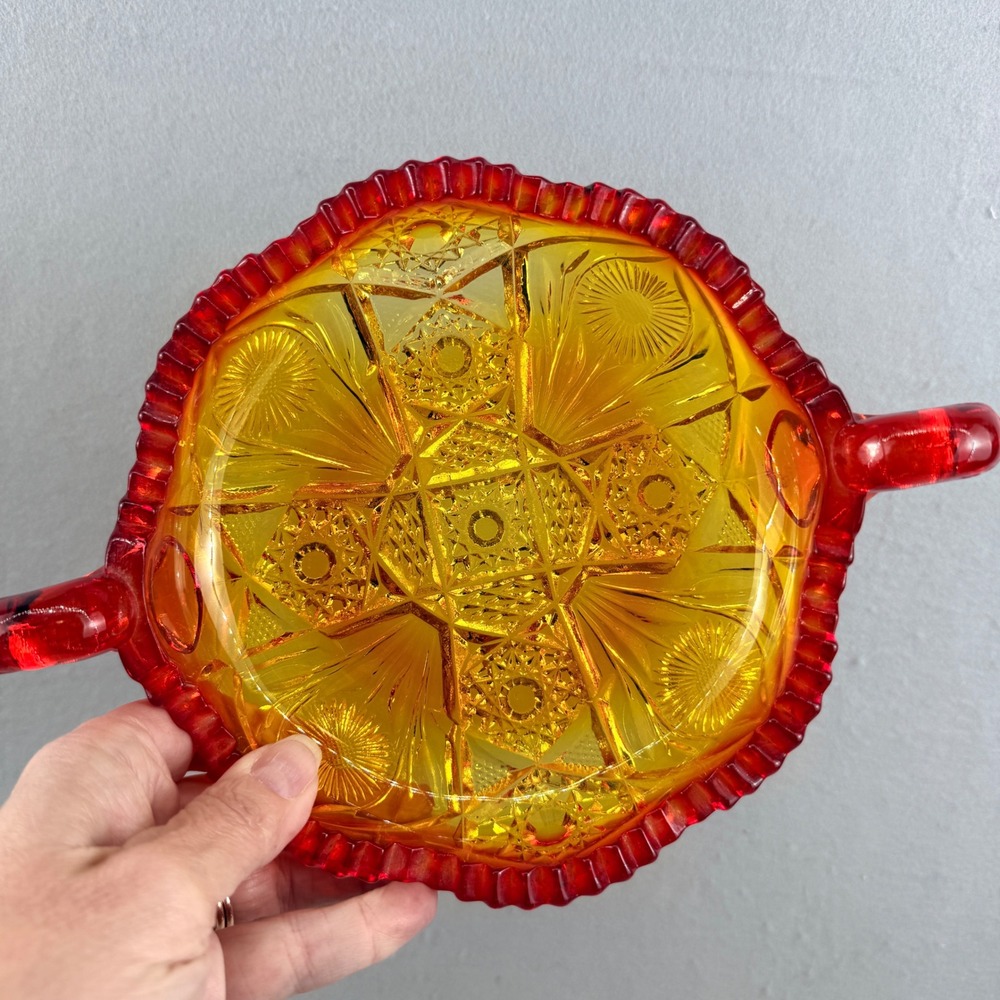 Vintage L.E. Smith Amberina Glass Daisy and Button Two Handled Bon Bon Dish